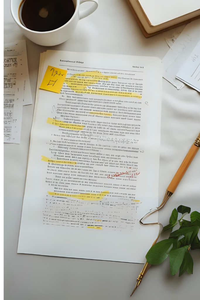 3 Dicas para escrever seu texto acadêmico. Artigo escrito. Fundo branco com algumas palavras destacada em amarelo. Ao lado do papel, uma xícara com café e folhas espalhadas.